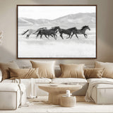 69934913-MGV-FC-36X24_Walnut-Wild Horses Running Wall Art Canvas Print, Framed Black White Mustangs Art Picture Print, Rustic Western Perfect Rustic Western