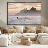 70644906-MGV-CV-36X24-Sunset Surfing Wall Art Canvas Print, Framed Misty Mountains Art Picture Print, Surfer Riding Wave Perfect Coastal Adventure Decor