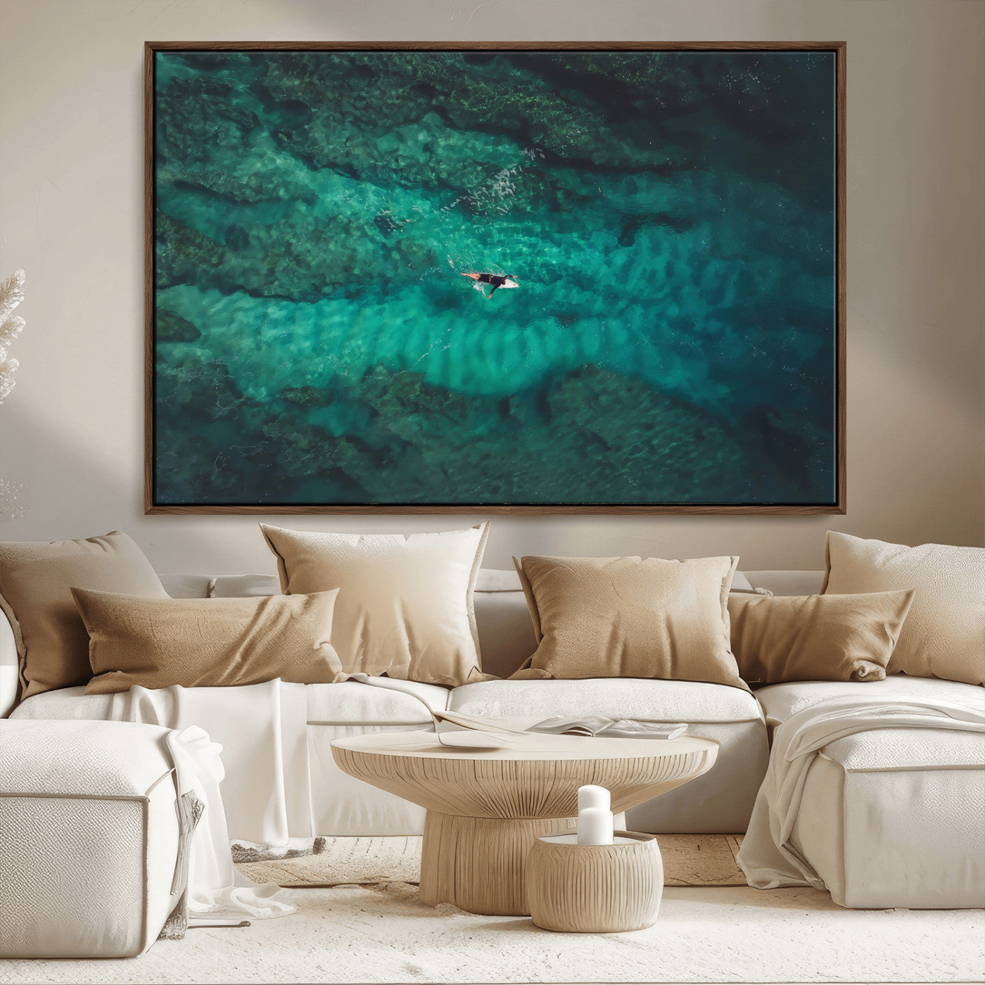 93287752-MGV-FC-36X24_Walnut-Ocean Surf Wall Art Canvas Print, Framed Blue Waters Art Picture Print, Vibrant Seascape Perfect Coastal Adventure Decor Artwork