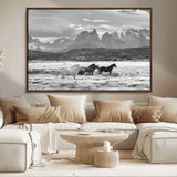 21655040-MGV-CV-36X24-Wild Horses Wall Art Canvas Print, Framed Black White Mountains Art Picture Print, Rustic Countryside Perfect Rustic Western Decor