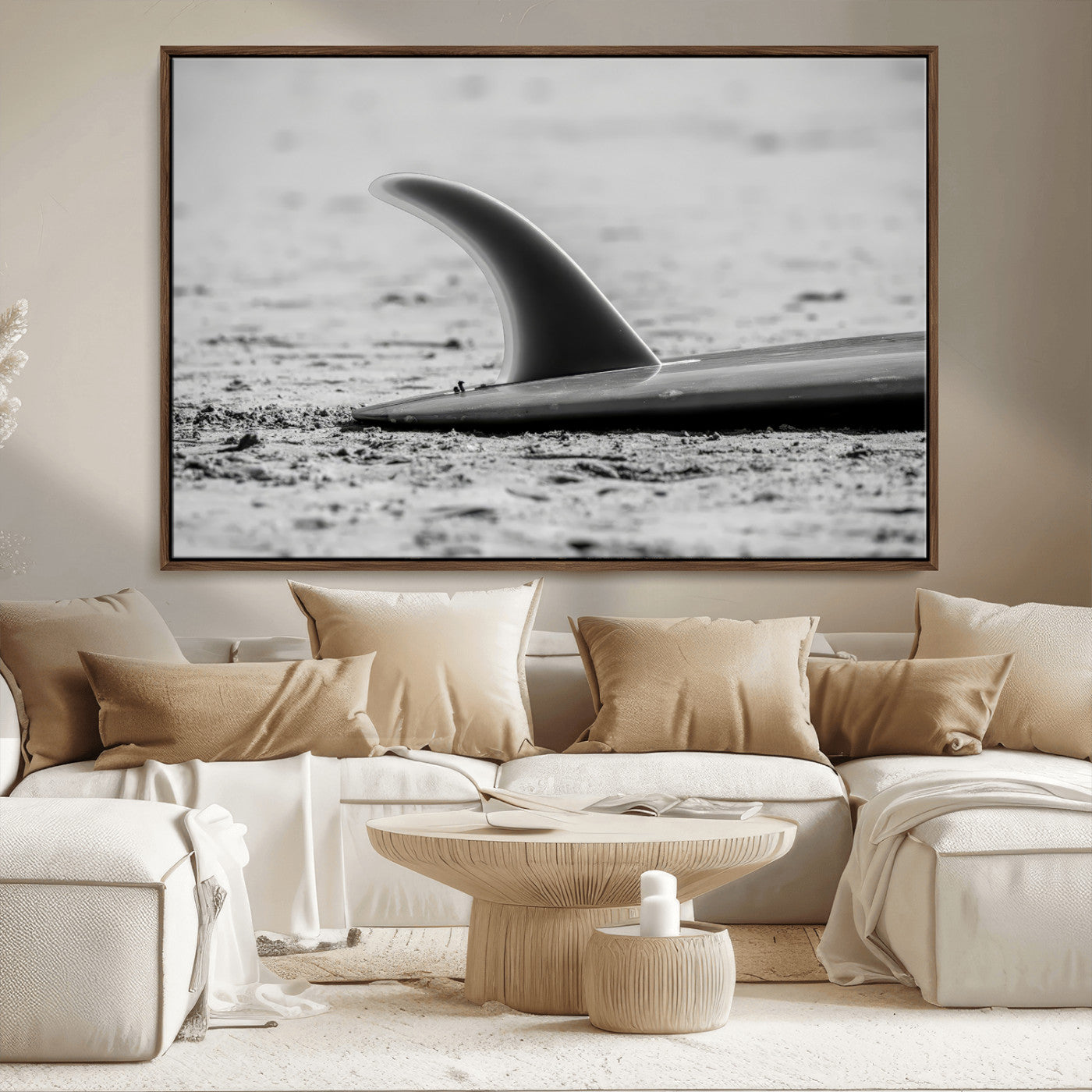 62314230-MGV-CV-36X24-Black White Surfboard Wall Art Canvas Print, Framed Minimalist Beach Art Picture Print, Surf Fin Perfect Minimalist Coastal Decor