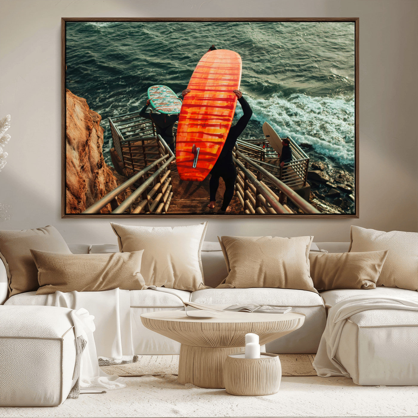 84555848-MGV-CV-36X24-Surfer Stairway Wall Art Canvas Print, Framed Ocean Surf Art Picture Print, Sunset Coastal Perfect Coastal Adventure Decor Artwork