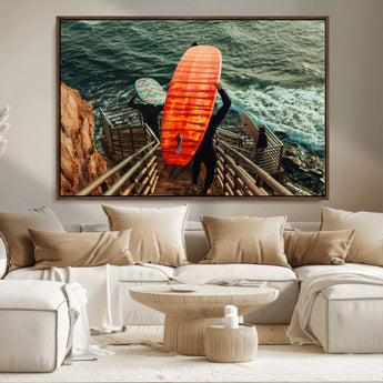 84555848-MGV-CV-36X24-Surfer Stairway Wall Art Canvas Print, Framed Ocean Surf Art Picture Print, Sunset Coastal Perfect Coastal Adventure Decor Artwork