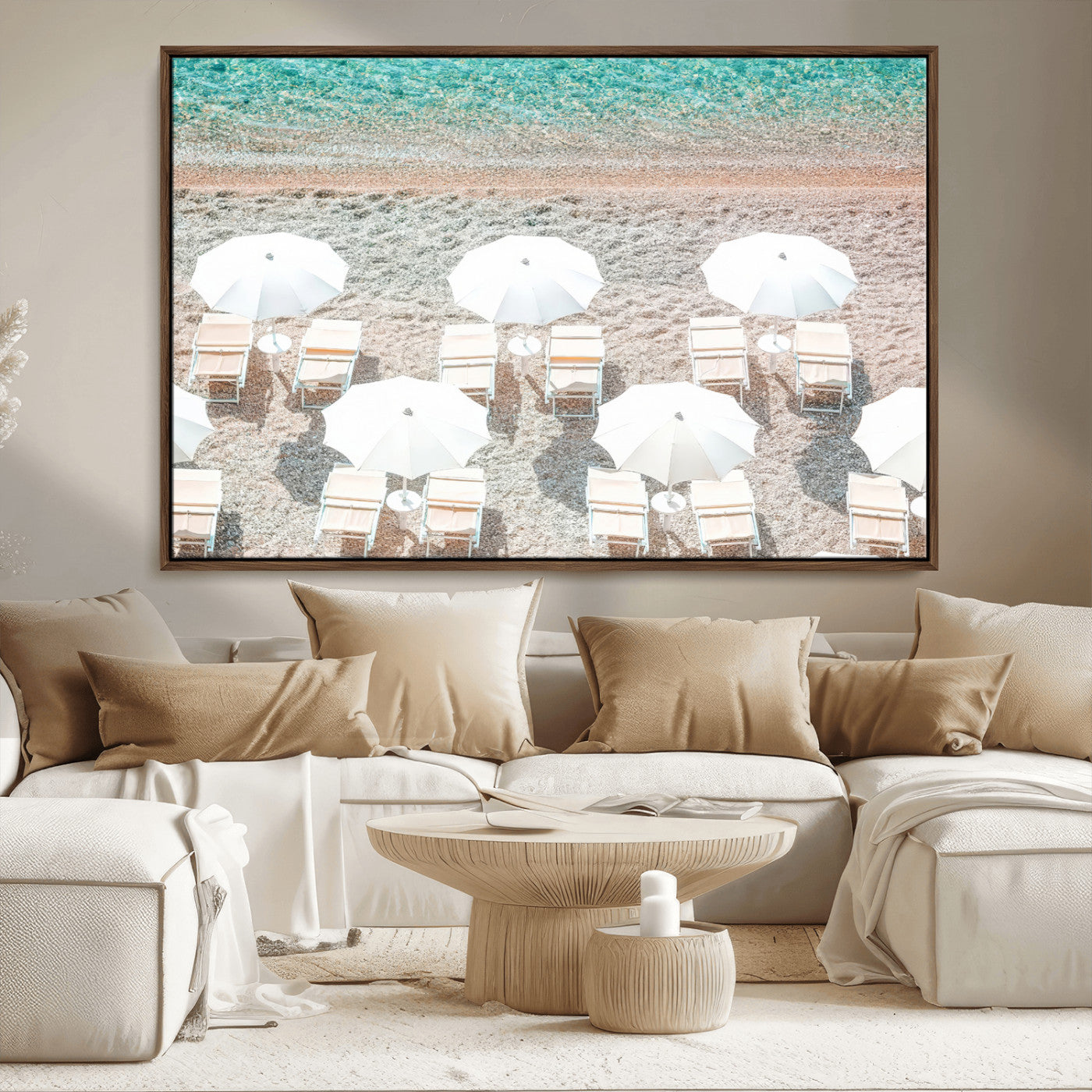 83736167-MGV-CV-36X24-Calm Beach Wall Art Canvas Print, Framed Turquoise Water Art Picture Print, Umbrella Shoreline Perfect Coastal Minimalist Decor