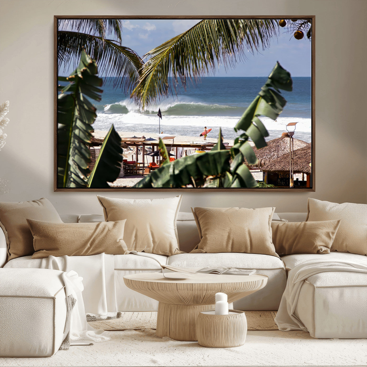 34722557-MGV-CV-36X24-Tropical Shoreline Wall Art Canvas Print, Framed Surfer Beach Art Picture Print, Coastal Surf Perfect Tropical Coastal Decor