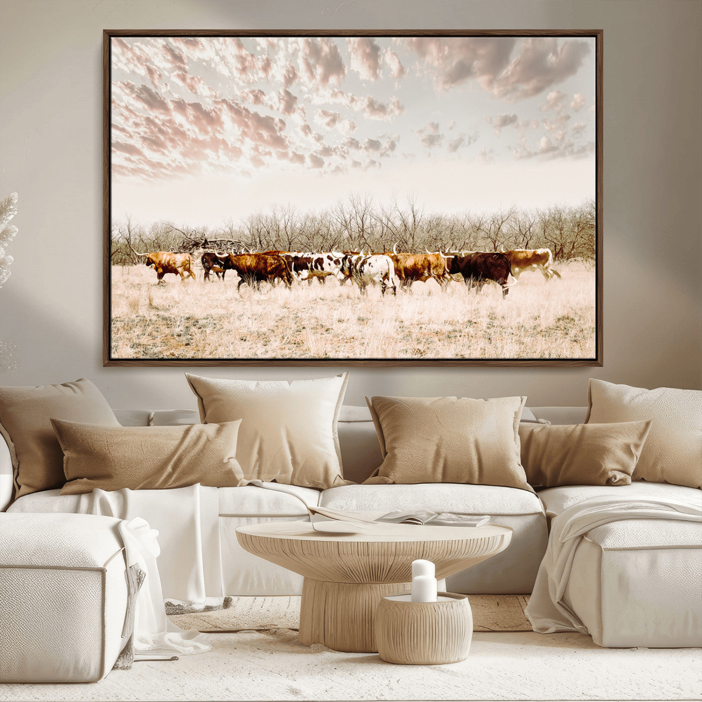 64892775-MGV-FC-36X24_Walnut-Longhorn Cattle Wall Art Canvas Print, Framed Texas Ranch Art Picture Print, Western Cow Perfect Western Decor Artwork