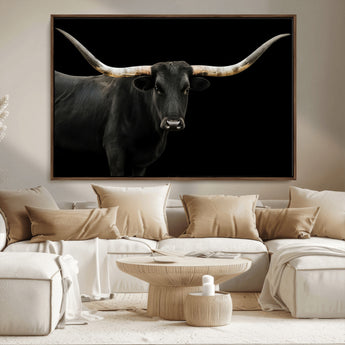 99448328-MGV-CV-36X24-Longhorn Cattle Wall Art Canvas Print, Framed Texas Ranch Art Picture Print, Western Cow Perfect Farmhouse Decor Artwork