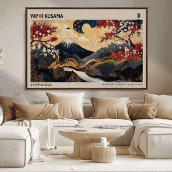 54967195-MGV-CV-36X24-Mount Fuji Wall Art – Japanese Cherry Blossom Abstract Canvas Print, Navy Gold Landscape Painting, Oriental Luxury Home Decor
