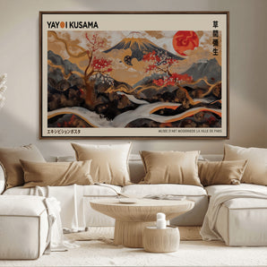 77970791-MGV-CV-36X24-Mount Fuji Golden Abstract Wall Art – Japanese Landscape Canvas Poster, Cherry Blossom & Red Sun Painting, Elegant Zen Oriental