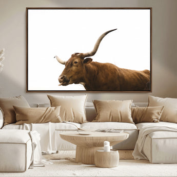 62566114-MGV-CV-36X24-Longhorn Cow Art Wall Art Canvas Print, Framed Rustic Animal Decor Art Picture Print, Texas Bull Photo Perfect Rustic Farmhouse