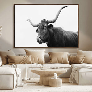 99244177-MGV-FC-36X24_Walnut-Longhorn Photography Wall Art Canvas Print, Framed Western Cow Decor Art Picture Print, Black White Bull Perfect Modern Rustic