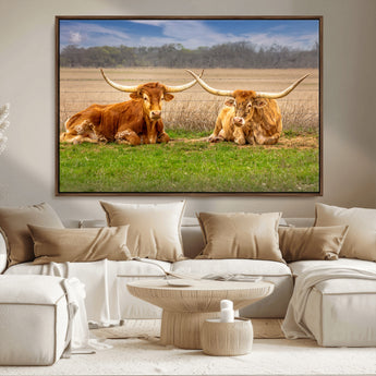 97244565-MGV-CV-36X24-Longhorn Duo Wall Art Canvas Print, Framed Cozy Ranch Vibes Art Picture Print, Western Ranch Decor Perfect Rustic Farmhouse Decor