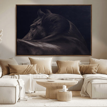 67026880-MGV-CV-36X24-Black Horse Portrait Wall Art Canvas Print, Framed Moody Horse Decor Art Picture Print, Equestrian Wall Style Perfect Masculine