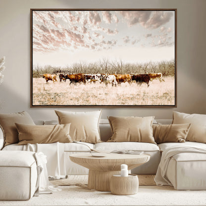 57389417-MGV-FC-36X24_Walnut-Cow Herd Photography Wall Art Canvas Print, Framed Rustic Farmhouse Decor Art Picture Print, Western Ranch Style Perfect Rustic