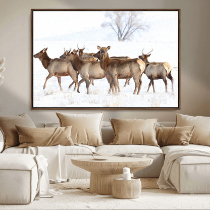 68738684-MGV-CV-36X24-Winter Elk Scene Wall Art Canvas Print, Framed Wildlife Photography Art Picture Print, Snowy Deer Decor Perfect Rustic Lodge Decor