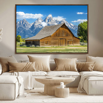 75948467-MGV-CV-36X24-Mountain Barn Scene Wall Art Canvas Print, Framed Rustic Farmhouse Style Art Picture Print, Country Cabin Decor Perfect Rustic