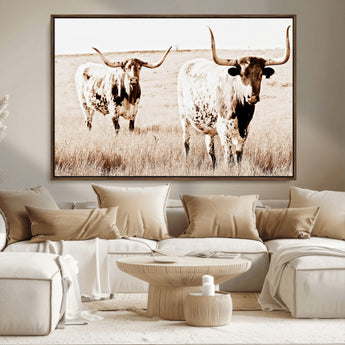 39672786-MGV-FC-36X24_Walnut-Rustic Cow Scene Wall Art Canvas Print, Framed Farmhouse Style Cattle Art Picture Print, Prairie Animal Duo Perfect Rustic Western