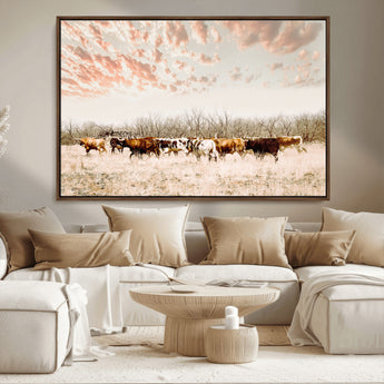 43704663-MGV-CV-36X24-Country Cow Herd Wall Art Canvas Print, Framed Farmhouse Cattle Scene Art Picture Print, Rustic Ranch Decor Perfect Rustic