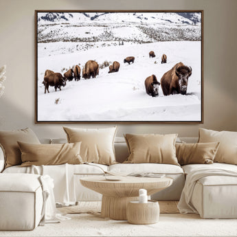 13891210-MGV-CV-36X24-Bison Herd Scene Wall Art Canvas Print, Framed Western Wildlife Decor Art Picture Print, Snowy Mountain Valley Perfect Rustic