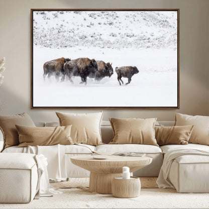 56216945-MGV-CV-36X24-Bison Herd Decor Wall Art Canvas Print, Framed Snowy Bison Scene Art Picture Print, Winter Wildlife Theme Perfect Rustic Western