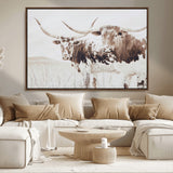 48161868-MGV-CV-36X24-Longhorn Cow Decor Wall Art Canvas Print, Framed Rustic Cattle Art Picture Print, Sepia Western Vibe Perfect Neutral Rustic