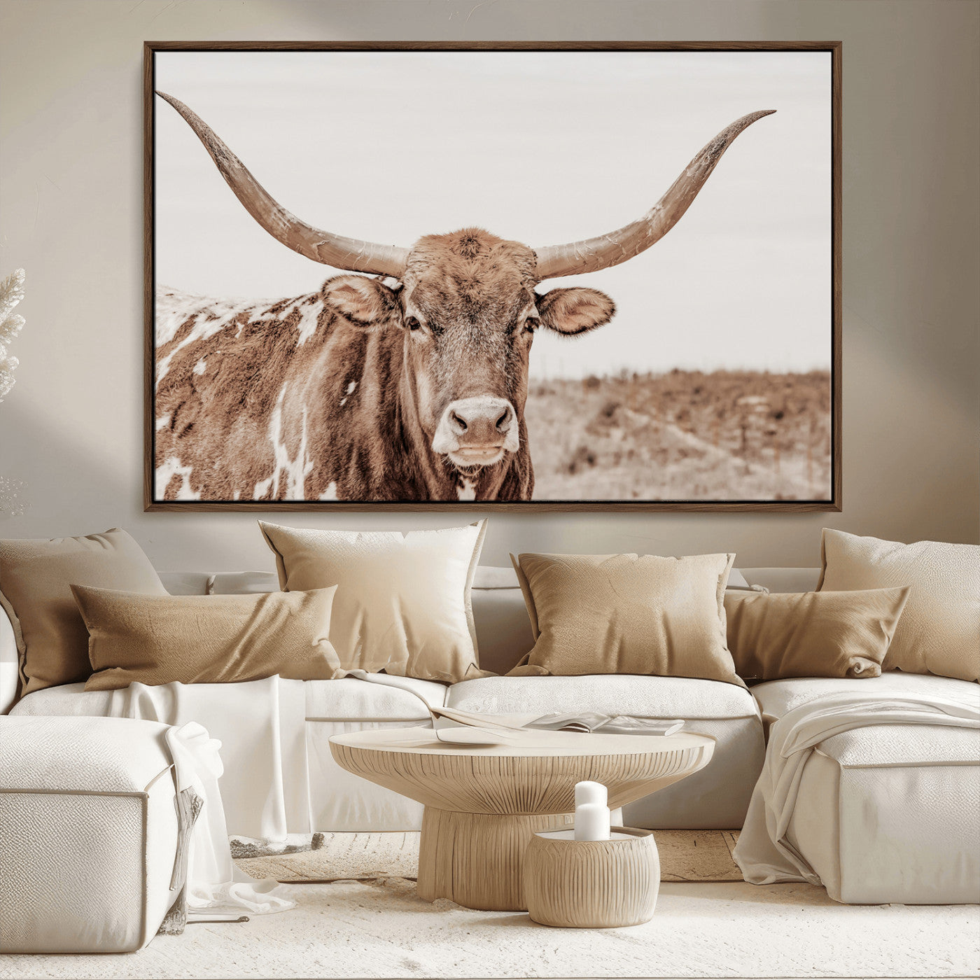 77810049-MGV-CV-36X24-Longhorn Bull Photo Wall Art Canvas Print, Framed Rustic Cow Decor Art Picture Print, Neutral Farmhouse Style Perfect Rustic
