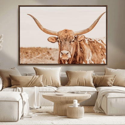 74406977-MGV-CV-36X24-Longhorn Bull Decor Wall Art Canvas Print, Framed Western Cow Theme Art Picture Print, Rustic Farmhouse Wall Perfect Neutral