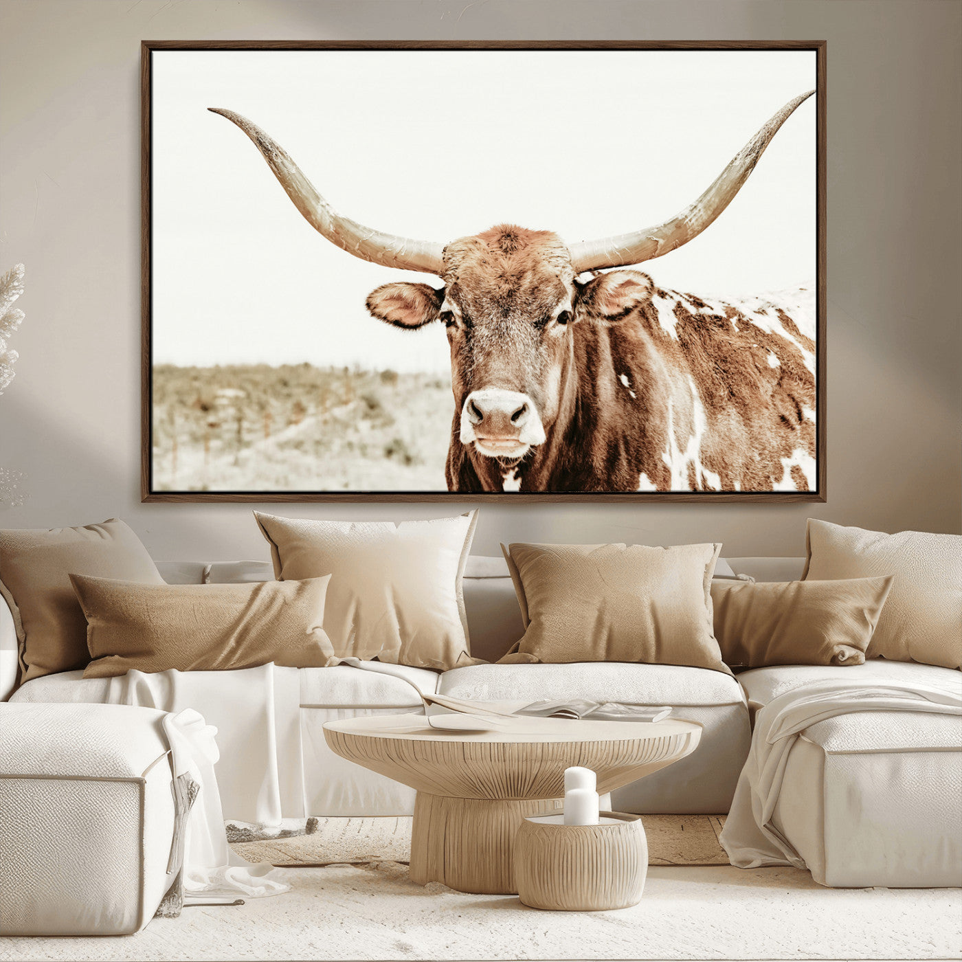 98924580-MGV-FC-36X24_Walnut-Texas Longhorn Bull Wall Art Canvas Print, Framed Rustic Farmhouse Decor Art Picture Print, Western Animal Theme Perfect Rustic