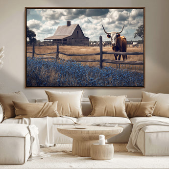 51092814-MGV-CV-36X24-Texas Longhorn Wall Art Wall Art Canvas Print, Framed Rustic Barn Canvas Art Picture Print, Farmhouse Cow Decor Perfect Rustic