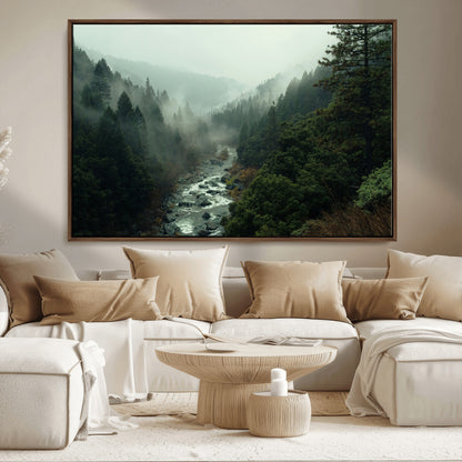 48497565-MGV-CV-36X24-Misty Forest Wall Art Canvas Print, Framed Foggy River Art Picture Print, Moody Landscape Perfect Moody Wilderness Decor Artwork