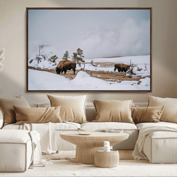 60308289-MGV-FC-36X24_Walnut-Bison Wildlife Wall Art Canvas Print, Framed Snowy Prairie Art Picture Print, Western Landscape Perfect Rustic Winter Decor
