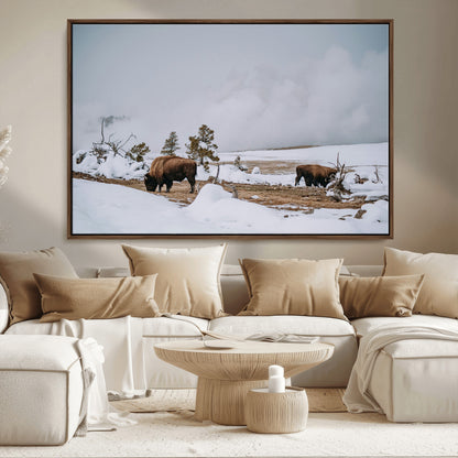 60308289-MGV-FC-36X24_Walnut-Bison Wildlife Wall Art Canvas Print, Framed Snowy Prairie Art Picture Print, Western Landscape Perfect Rustic Winter Decor