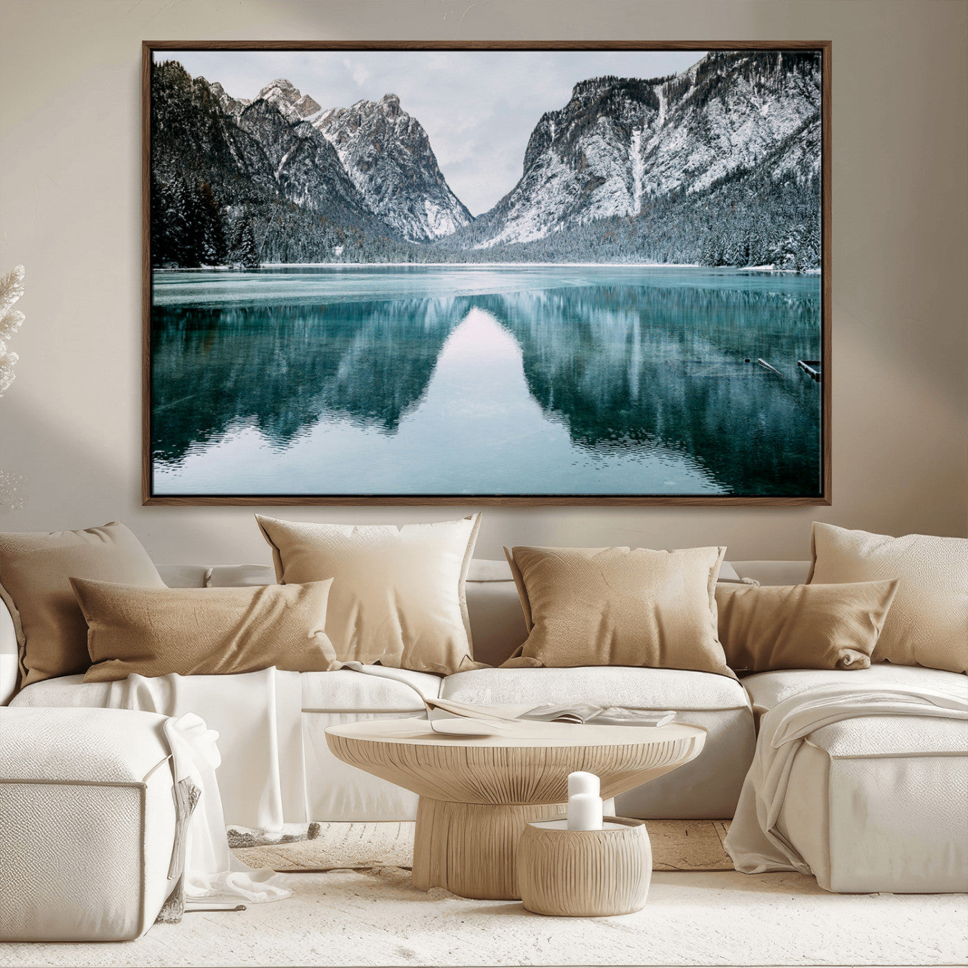 73098373-MGV-FC-36X24_Walnut-Mountain Lake Wall Art Canvas Print, Framed Winter Wonderland Art Picture Print, Snowy Peaks Perfect Modern Nature Decor Artwork