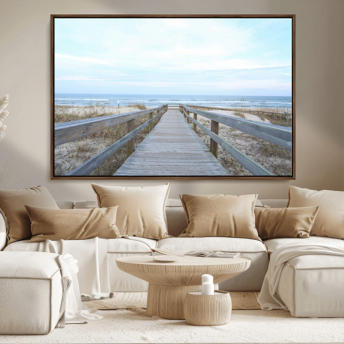31602988-MGV-CV-36X24-Beach Boardwalk Wall Art Canvas Print, Framed Coastal Serenity Art Picture Print, Ocean View Perfect Coastal Minimalist Decor
