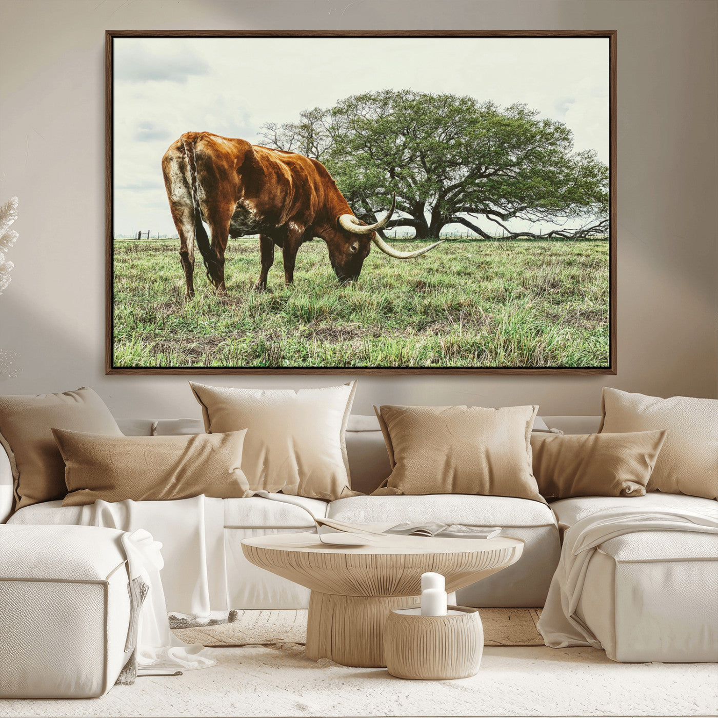 91866234-MGV-FC-36X24_Walnut-Texas Longhorn Wall Art Canvas Print, Framed Rustic Ranch Art Picture Print, Western Cattle Perfect Rustic Farmhouse Decor Artwork