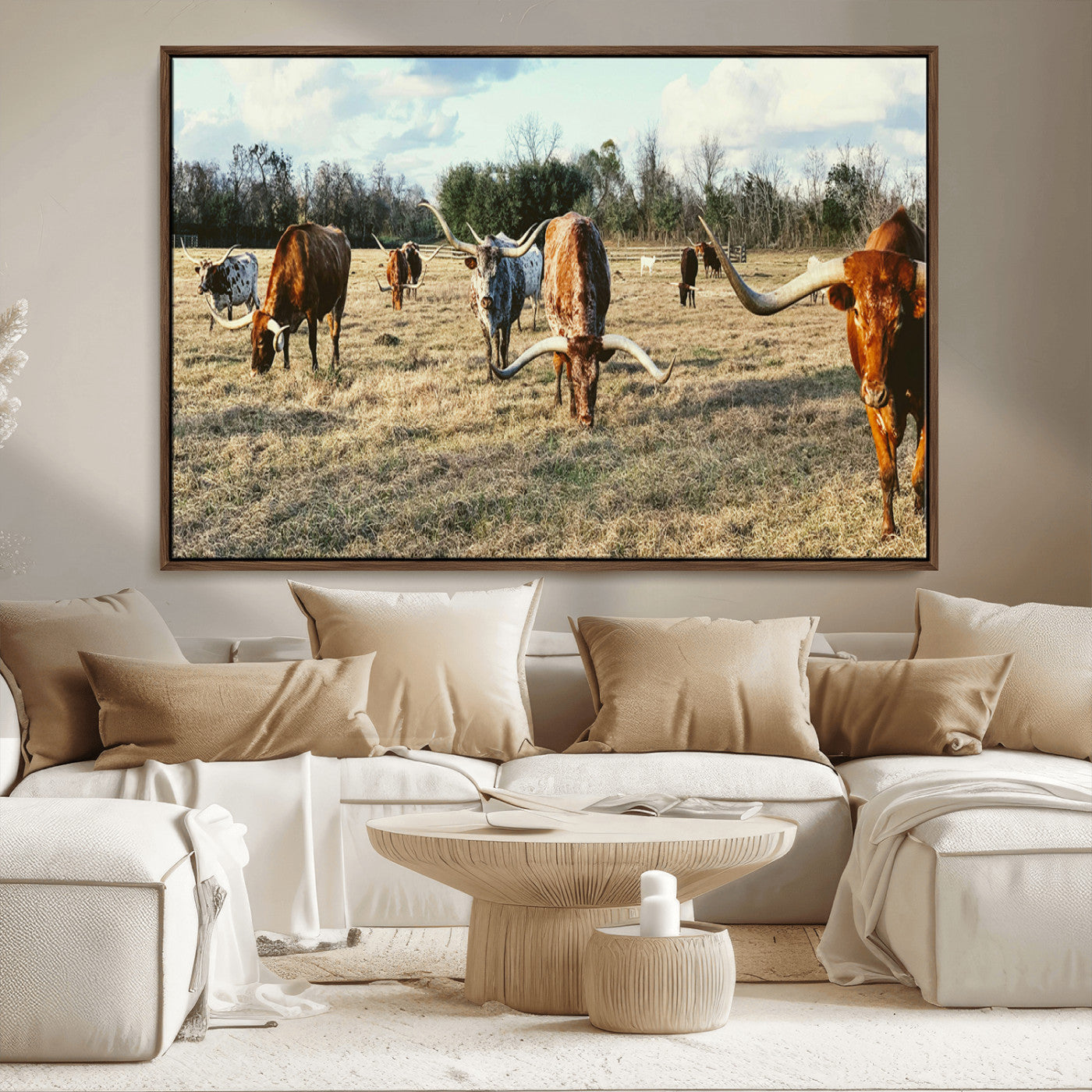 39144651-MGV-FC-36X24_Walnut-Texas Longhorns Wall Art Canvas Print, Framed Rustic Farm Scene Art Picture Print, Western Cattle Perfect Rustic Farmhouse Decor