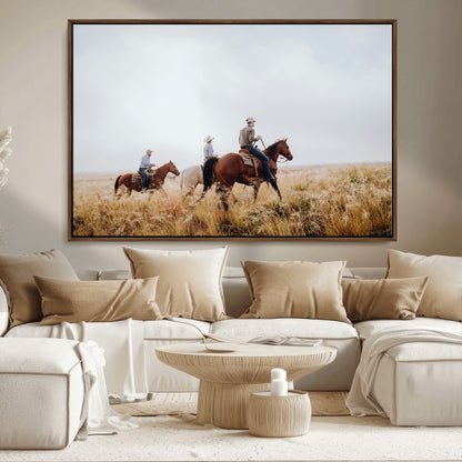 94723307-MGV-CV-36X24-Western Cowboys Wall Art Canvas Print, Framed Rustic Prairie Art Picture Print, Horseback Riding Perfect Rustic Western Decor