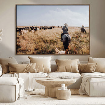 22431577-MGV-CV-36X24-Western Wall Art Wall Art Canvas Print, Framed Cowboy Canvas Art Picture Print, Cattle Drive Scene Perfect Rustic Western Decor