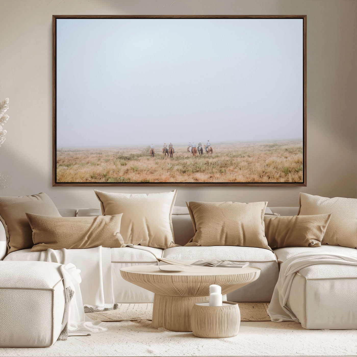 14761944-MGV-CV-36X24-Foggy Plains Wall Art Canvas Print, Framed Horseback Riders Art Picture Print, Rustic Western Perfect Rustic Western Decor Artwork