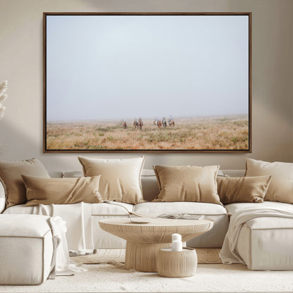 14761944-MGV-CV-36X24-Foggy Plains Wall Art Canvas Print, Framed Horseback Riders Art Picture Print, Rustic Western Perfect Rustic Western Decor Artwork