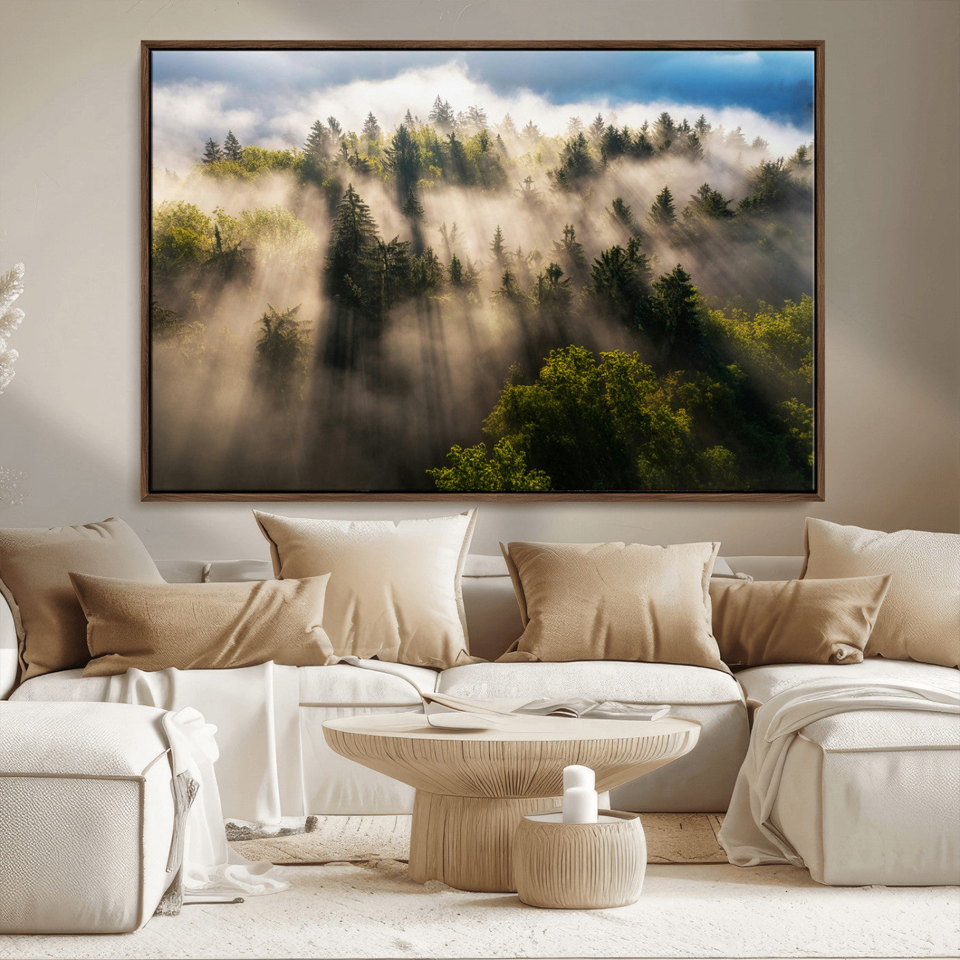 14785710-MGV-CV-36X24-Tranquil Forest Scene Wall Art Canvas Print, Framed Sunbeam Through Trees Art Picture Print, Moody Green Wall Art Perfect