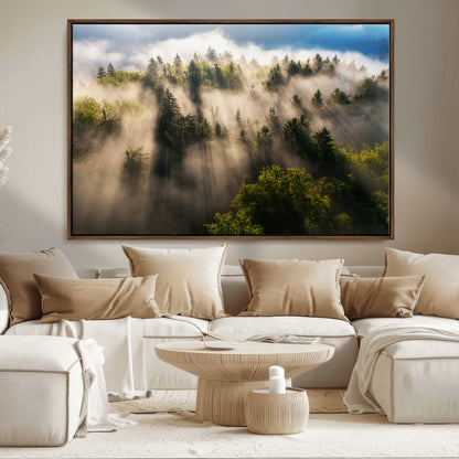 14785710-MGV-CV-36X24-Tranquil Forest Scene Wall Art Canvas Print, Framed Sunbeam Through Trees Art Picture Print, Moody Green Wall Art Perfect