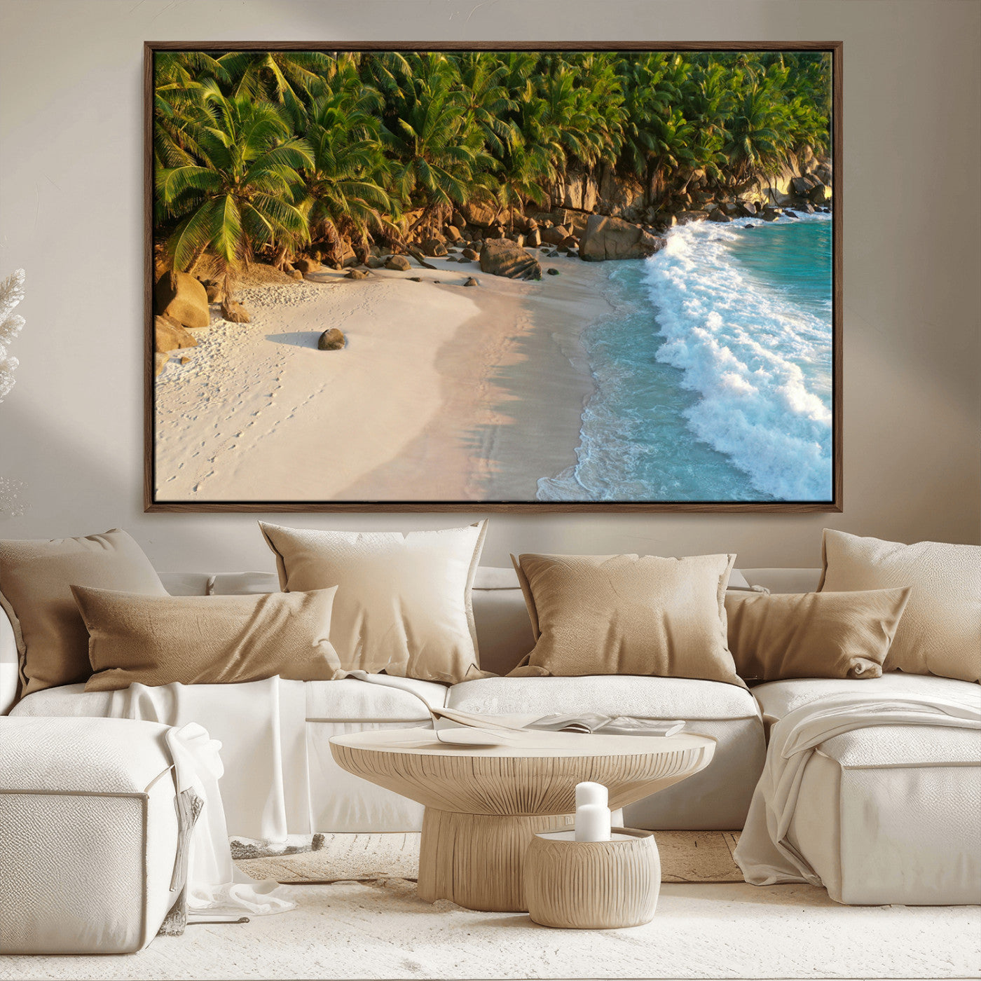82312665-MGV-CV-36X24-Tropical Beach Wall Art Canvas Print, Framed Ocean Waves Art Picture Print, Palm Trees Perfect Coastal Minimalist Decor Artwork