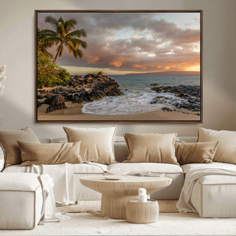 55108220-MGV-FC-36X24_Walnut-Tropical Beach Wall Art Canvas Print, Framed Hawaiian Sunset Art Picture Print, Ocean Waves Perfect Coastal Tropical Decor Artwork