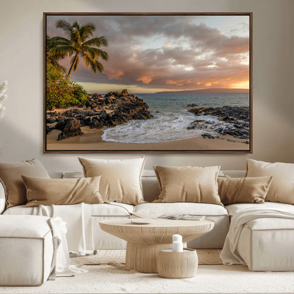 55108220-MGV-FC-36X24_Walnut-Tropical Beach Wall Art Canvas Print, Framed Hawaiian Sunset Art Picture Print, Ocean Waves Perfect Coastal Tropical Decor Artwork