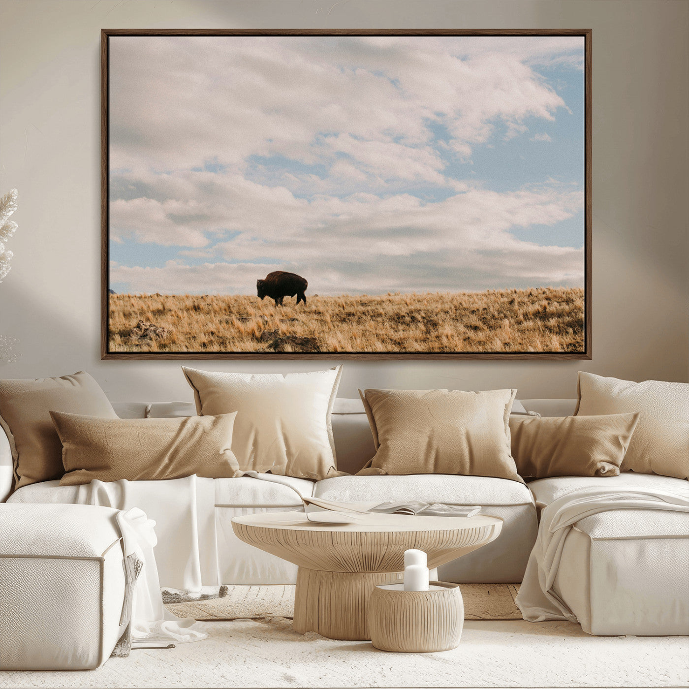 22754563-MGV-CV-36X24-Earthy Tones Wall Art Canvas Print, Framed Rustic Nature Art Picture Print, Solitary Buffalo Perfect Western Minimalist Decor
