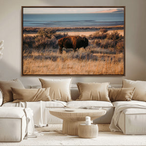 39509187-MGV-FC-36X24_Walnut-Western Wildlife Wall Art Canvas Print, Framed Bison Art Picture Print, Golden Hour Perfect Western Rustic Decor Artwork