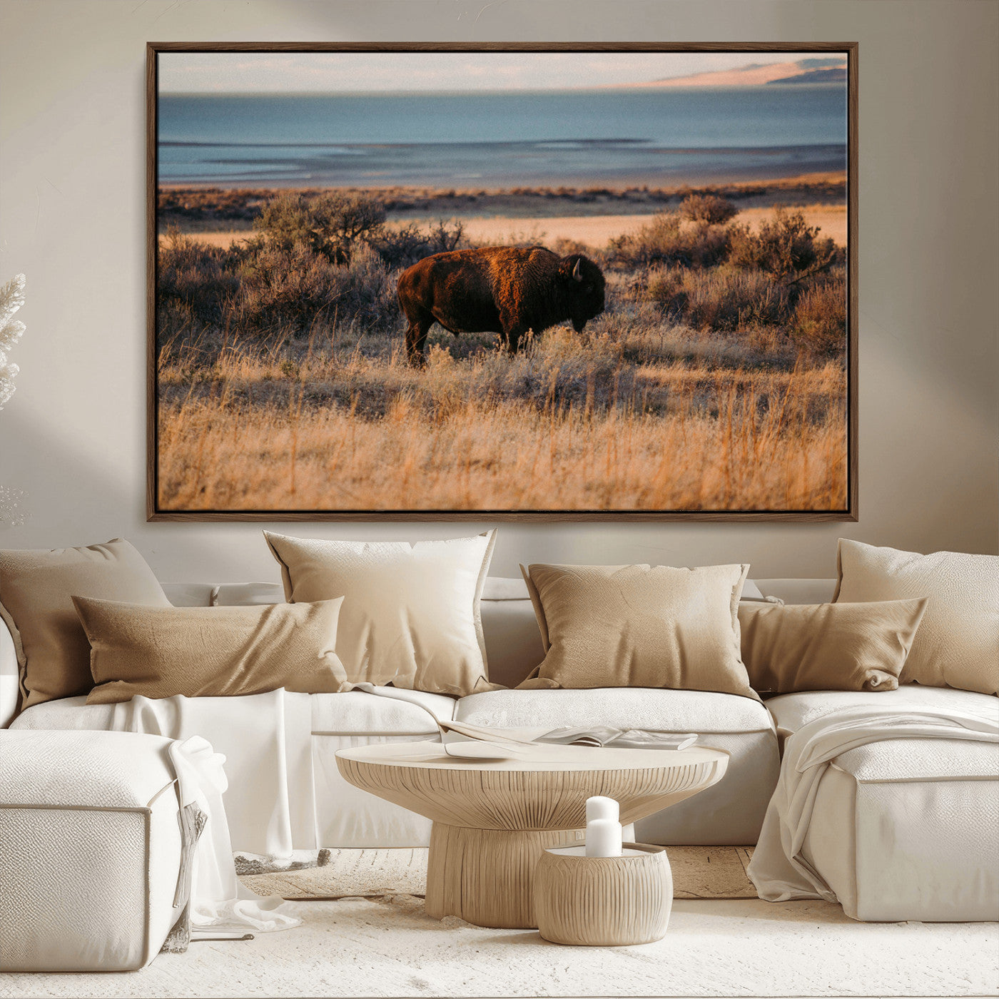 39509187-MGV-FC-36X24_Walnut-Western Wildlife Wall Art Canvas Print, Framed Bison Art Picture Print, Golden Hour Perfect Western Rustic Decor Artwork