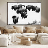 18914414-MGV-CV-36X24-Buffalo Herd Wall Art Canvas Print, Framed Black and White Art Picture Print, Snowy Landscape Perfect Rustic Lodge Decor Decor