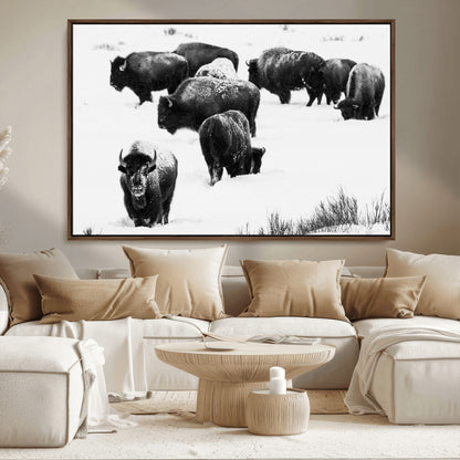 18914414-MGV-CV-36X24-Buffalo Herd Wall Art Canvas Print, Framed Black and White Art Picture Print, Snowy Landscape Perfect Rustic Lodge Decor Decor